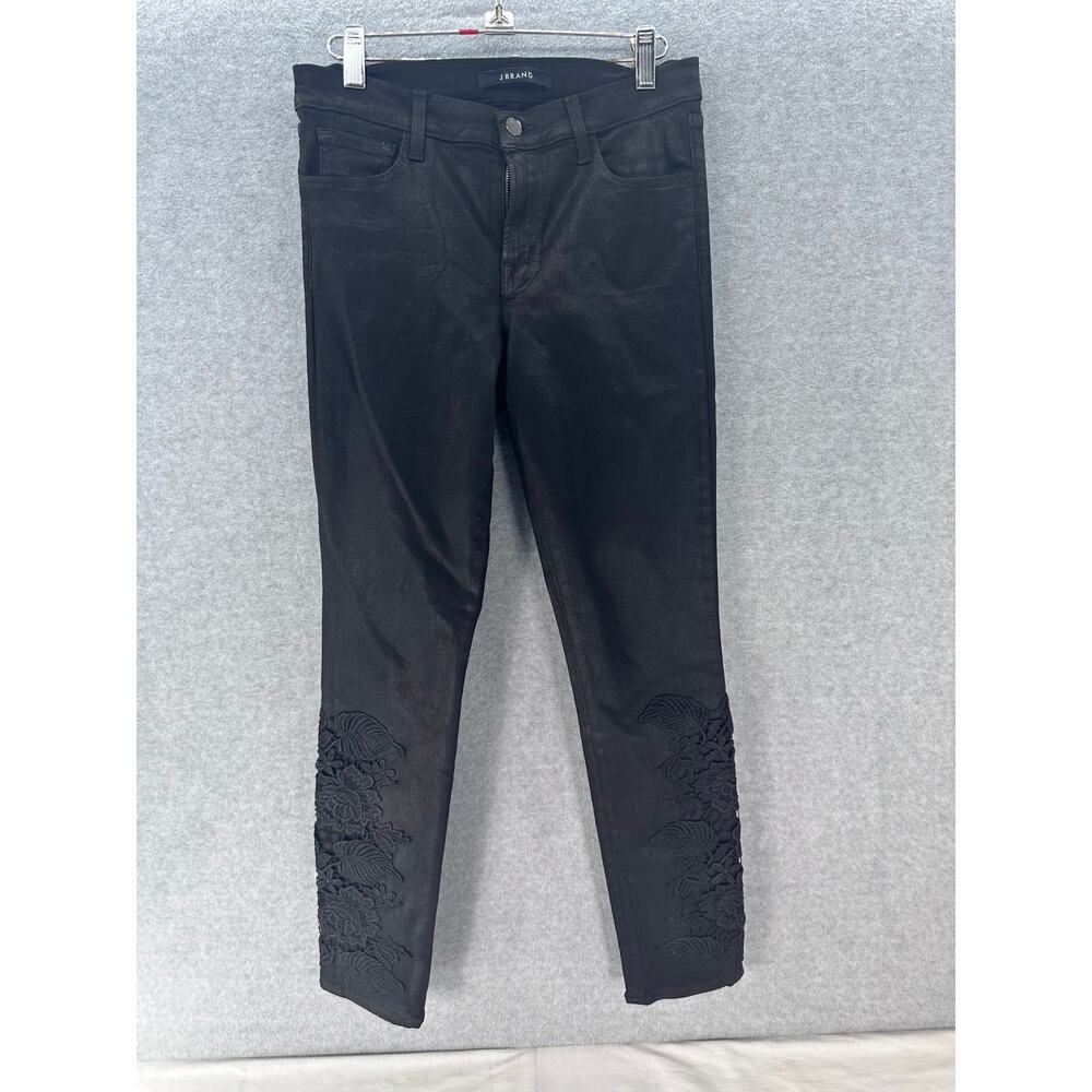 J Brand Women's sz 28 Coated Black Mid-Rise Skinny Jean RN117965 Y2K Embroidered